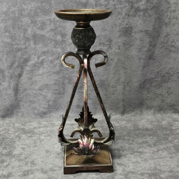 Rustic Metal Leaf Design 12" Candle Holder Display Piece Home Decor - Picture 5 of 11